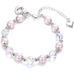Sllaiss Pink Swarovski Pearl Crystal Charm Bracelet for Women Girls Link Chain Elastic Bracelets with Heart Charm, Crystals from Swarovski, Friendship Bracelets Jewelry Gift for Her