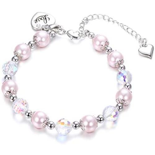 Sllaiss Pink Swarovski Pearl Crystal Charm Bracelet for Women Girls Link Chain Elastic Bracelets with Heart Charm, Crystals from Swarovski, Friendship Bracelets Jewelry Gift for Her