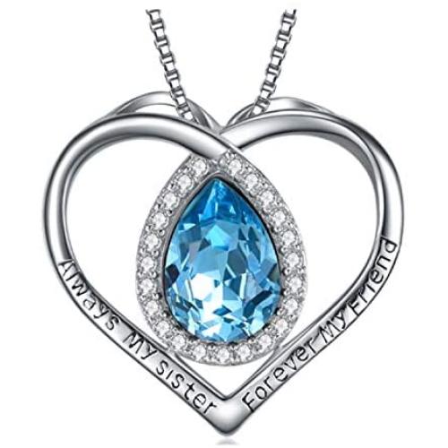 AOBOCO Always My Sister Forever My Friend Sterling Silver Heart Sister Necklace Embellished with Crystals from Austria, Inspirational Birthday Jewelry Gifts for Sister Twins Daughter BFF