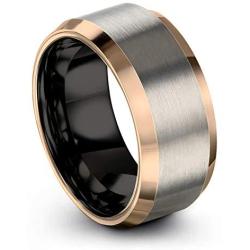 Midnight Rose Collection Tungsten Wedding Band Ring 10mm for Men Women 18k Rose Gold Plated Bevel Edge Black Grey Brushed Polished