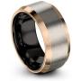Midnight Rose Collection Tungsten Wedding Band Ring 10mm for Men Women 18k Rose Gold Plated Bevel Edge Black Grey Brushed Polished