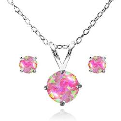 GemStar USA Sterling Silver Synthetic White Opal Round Solitaire Necklace and Stud Earrings Set