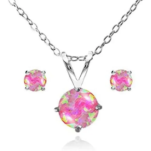 GemStar USA Sterling Silver Synthetic White Opal Round Solitaire Necklace and Stud Earrings Set