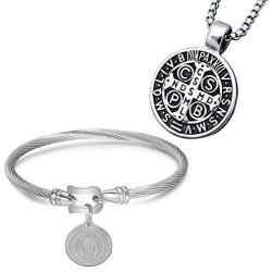 Mens St Benedict Exorcism Pendant Necklace Stainless Steel Catholic Roman Cross Demon Protection Ghost Hunter