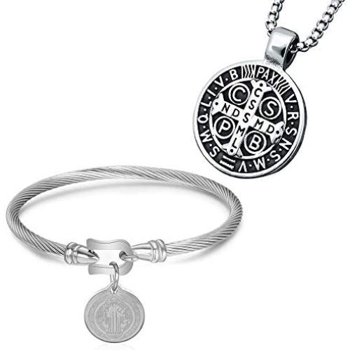 Mens St Benedict Exorcism Pendant Necklace Stainless Steel Catholic Roman Cross Demon Protection Ghost Hunter