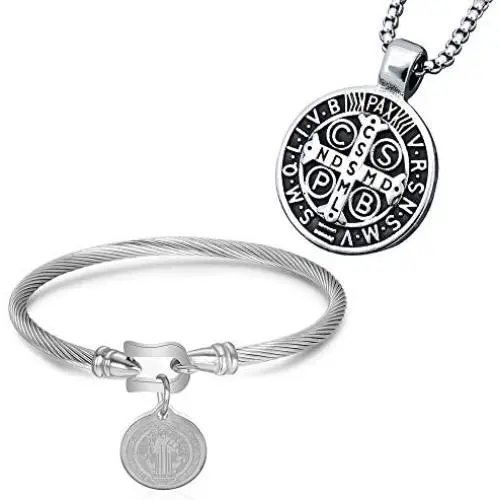Mens St Benedict Exorcism Pendant Necklace Stainless Steel Catholic Roman Cross Demon Protection Ghost Hunter Mens St Benedict Exorcism Pendant Necklace Stainless Steel Catholic Roman Cross Demon Protection Ghost Hunter