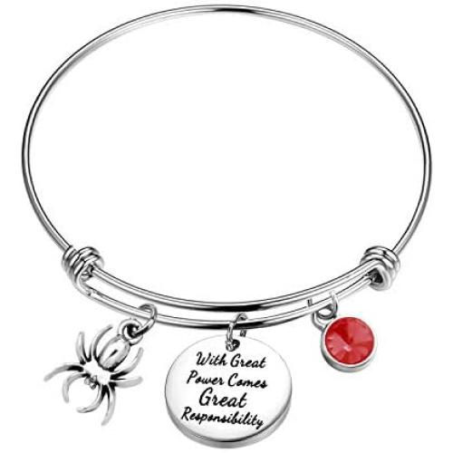 KUIYAI with Great Power Comes Great Responsibility Bracelet with Spider Charm Spiderman Quote Bangle Marvel Movie Gift Inspiration Jewelry