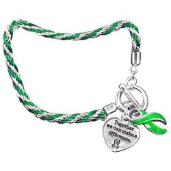 Fundraising For A Cause | Green Ribbon Awareness ''Together We Can Make A Difference'' Charm Bracelet - Rope-Style Charm Bracelet for Organ Donation, Cerebral Palsy, Mental Health, Lyme Disease, & Lymphoma Awareness (1 Bracelet)