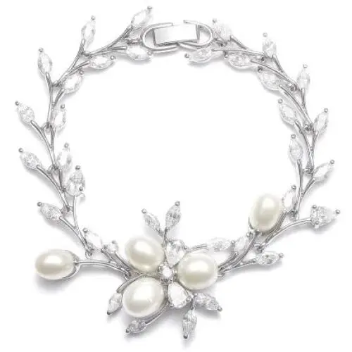 Mariell Freshwater Pearl and Cubic Zirconia Bridal Bracelet, Genuine Platinum Plated Wedding Jewelry Mariell Freshwater Pearl and Cubic Zirconia Bridal Bracelet, Genuine Platinum Plated Wedding Jewelry