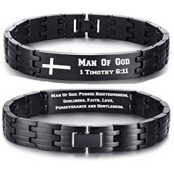 MPRAINBOW Man of God 1 Timothy 6:11 - Stainless Steel Cross Bracelet - Christian Religous Gifts for Men Boy - Inspirational Bracelet Bible Verse Jewelry - Adjustable Link ID Bracelet
