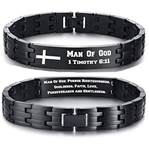 MPRAINBOW Man of God 1 Timothy 6:11 - Stainless Steel Cross Bracelet - Christian Religous Gifts for Men Boy - Inspirational Bracelet Bible Verse Jewelry - Adjustable Link ID Bracelet