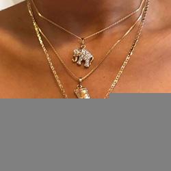 Twinklede Boho Layered Necklace Gold Elephant Pendant Necklaces Chain Nefertiti African Map Necklace Jewelry for Women and Girls (Gold 1)