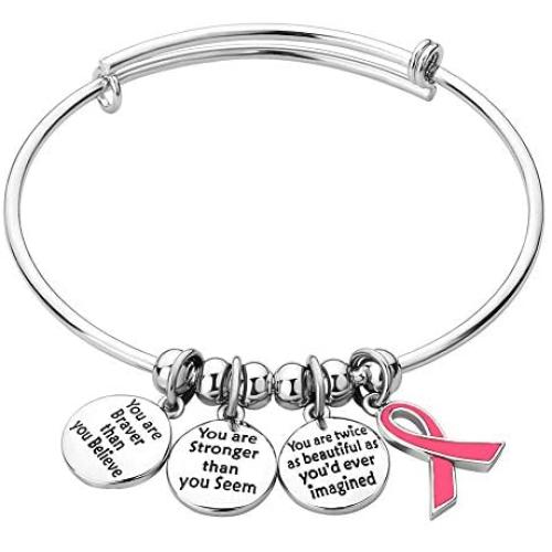 Casa De Novia Jewelry Ribbon Breast Cancer Awareness Believe Braver Stronger Beautiful Adjustable Bangle Charm Bracelet Women Gifts