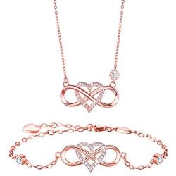 BlingGem Jewelry Sets for Women Infinity Heart Necklace Bracelet Set White/Rose/Gold Plated Sterling Silver Cubic Zirconia Love Heart Jewelry Set Anniversary Birthday Mothers Gift for Women
