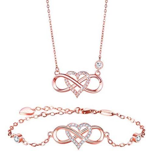 BlingGem Jewelry Sets for Women Infinity Heart Necklace Bracelet Set White/Rose/Gold Plated Sterling Silver Cubic Zirconia Love Heart Jewelry Set Anniversary Birthday Mothers Gift for Women