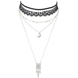 LUX ACCESSORIES Black Lace Choker Gold Tone Moon Dream Catcher Layered Necklace