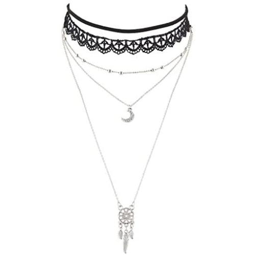 LUX ACCESSORIES Black Lace Choker Gold Tone Moon Dream Catcher Layered Necklace