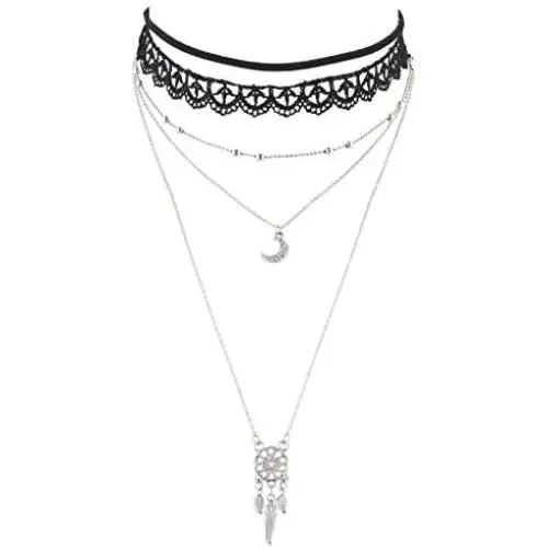 LUX ACCESSORIES Black Lace Choker Gold Tone Moon Dream Catcher Layered Necklace