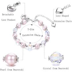 Sllaiss Pink Swarovski Pearl Crystal Charm Bracelet for Women Girls Link Chain Elastic Bracelets with Heart Charm, Crystals from Swarovski, Friendship Bracelets Jewelry Gift for Her