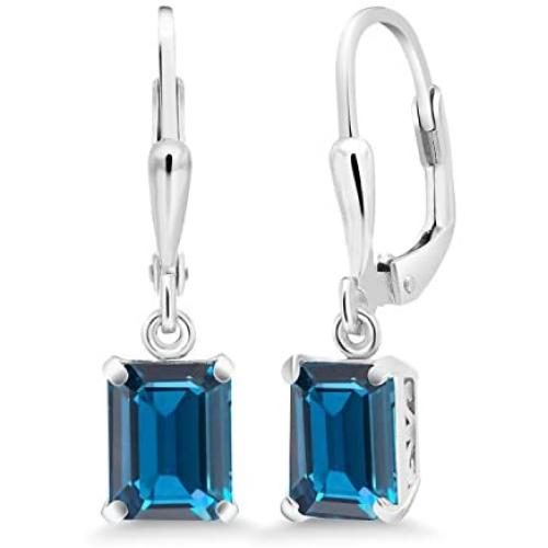 Gem Stone King 925 Sterling Silver London Blue Topaz Earrings 3.97 Cttw Gemstone Birthstone Emerald Cut 8X6MM