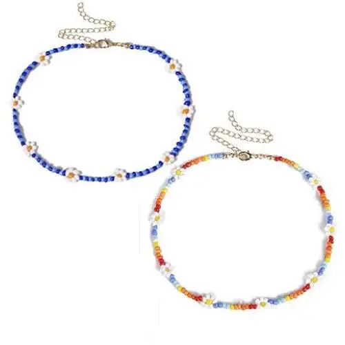 JOYID 2pcs Boho Beads Choker Necklace Chain Sweet Daisy Flower Necklaces Jewelry for Women Girls