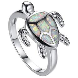Health and Longevity Sea Turtle Jewelry Rings Created White Opal Sea Turtle Birthstone Sterling Silver Ring