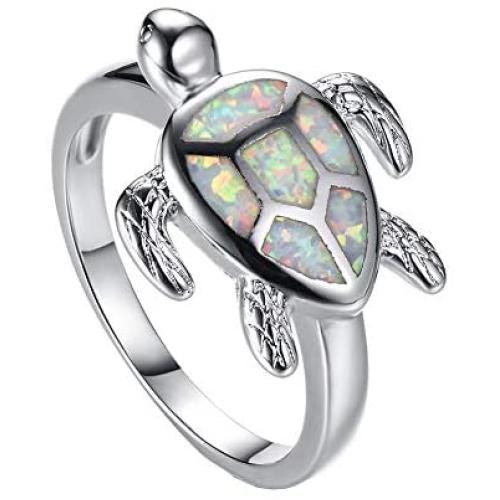 Health and Longevity Sea Turtle Jewelry Rings Created White Opal Sea Turtle Birthstone Sterling Silver Ring