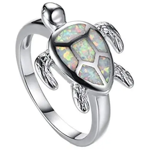 Health and Longevity Sea Turtle Jewelry Rings Created White Opal Sea Turtle Birthstone Sterling Silver Ring