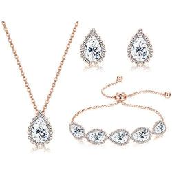 LOYALLOOK Wedding Jewelry for Bride CZ Teardrop Bridesmaid Earrings Bracelets Pendant Rhinestone Necklace Costume Jewelry Wedding Necklace Sets for Women Brides Bridesmaids