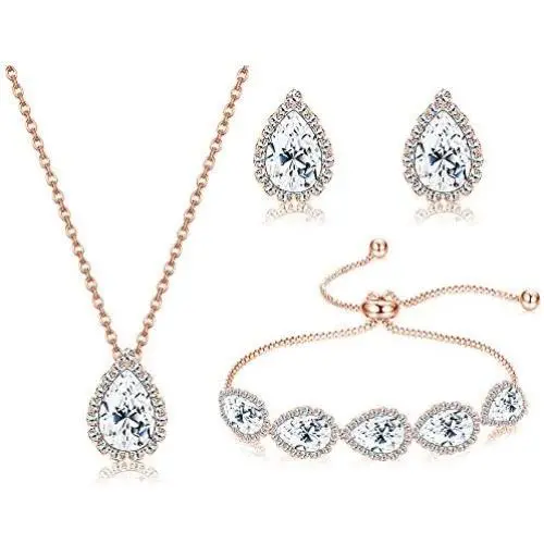 LOYALLOOK Wedding Jewelry for Bride CZ Teardrop Bridesmaid Earrings Bracelets Pendant Rhinestone Necklace Costume Jewelry Wedding Necklace Sets for Women Brides Bridesmaids