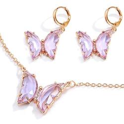 The Woos Stained Glass Crystal Butterfly Necklace Earring Set Transparent Purple Butterfly Glass Earrings Elegant Colorful Butterfly Crystal Necklace Shiny Prom Jewelry Set
