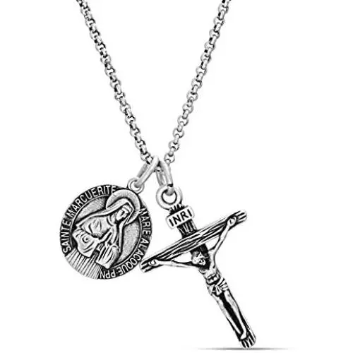 Steve Madden Mens Oxidized Saint Medallion Design and Crucifix Double Pendant Chain Necklace in Stainless Steel, Silver, 28 Steve Madden Mens Oxidized Saint Medallion Design and Crucifix Double Pendant Chain Necklace in Stainless Steel, Silver, 28