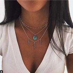 Kakaco Boho Turquoise Layered Necklaces Beaded Leaves Pendant Necklace Silver Chain Jewelry for Women and Girls