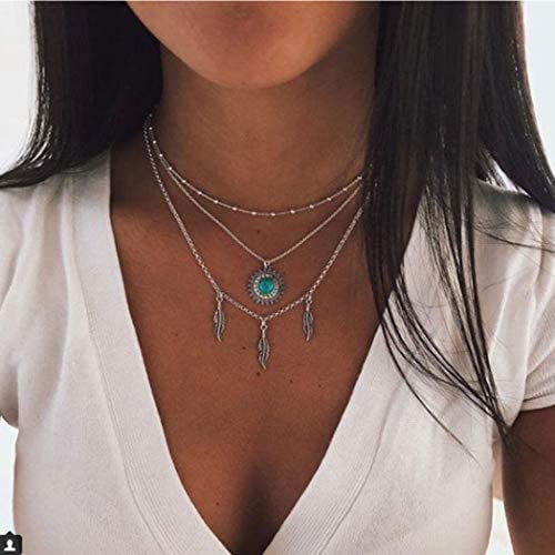 Kakaco Boho Turquoise Layered Necklaces Beaded Leaves Pendant Necklace Silver Chain Jewelry for Women and Girls