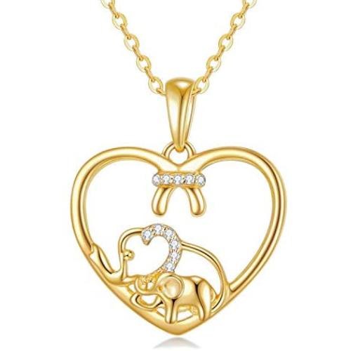 14k Gold Heart Pendant Necklace for Women, Real Gold Lucky Elephant Love Jewelry Gifts for Mother/Wife, 16+1+1 Inch