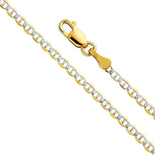14k REAL Two Tone Gold Solid 2mm Flat Mariner White Pave Chain Necklace with Lobster Claw Clasp 14k REAL Two Tone Gold Solid 2mm Flat Mariner White Pave Chain Necklace with Lobster Claw Clasp