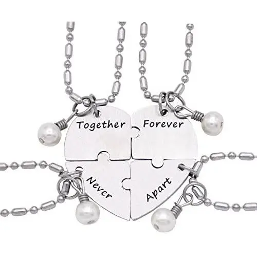 O.RIYA Together Forever Never Apart Four Piece Puzzle Heart Necklace Set Stainless Steel Pearl Charm