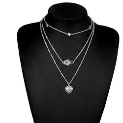 Chargances Women Heart and Palm Pendant Necklace Silver Choker Necklace Bohemia Three Layered Necklace Delicate Long Choker Chain Jewelry for Prom Party Festival Dating Gift for Women and Girls