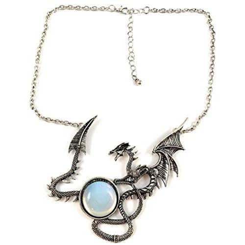 Skye Jewelry Large Full Body Dragon Statement Necklace w/Multi Color Moodstone Style Cabochon Design w/Adjustable Chain 15''-18'' & Dragon - 3 1/2'' x 3''