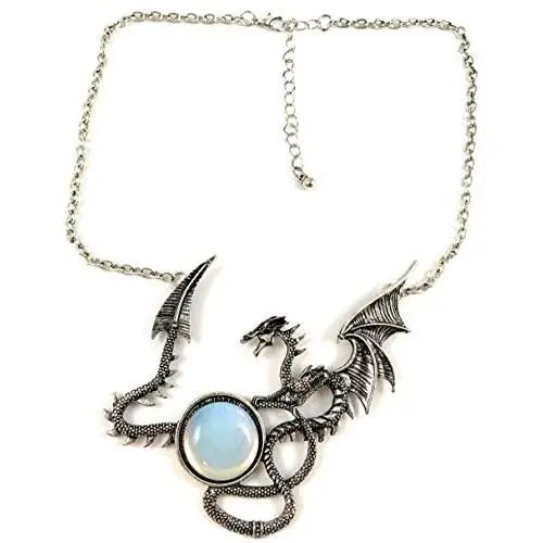 Skye Jewelry Large Full Body Dragon Statement Necklace w/Multi Color Moodstone Style Cabochon Design w/Adjustable Chain 15''-18'' & Dragon - 3 1/2'' x 3''