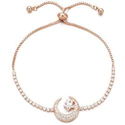 Yushitong Moon and Star Expandable Brass with Sparkling Cubic Zirconia Adjustable Bracelet for Women and Girls