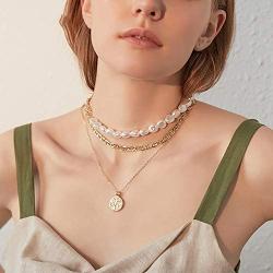 YorzAhar Double Layered Chunky Gold Statement Chain Link Choker Necklaces, Dainty Pearls Stitching Necklaces for Woman Girls Jewelrly