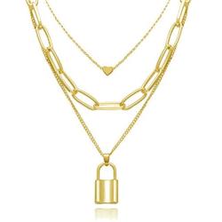 Dcfywl731 Punk Gold Layered Lock Necklace for Women 14K Gold Plated Paperclip Chain Link Necklace Padlock Pendent Necklace for Girls Punk Chunky Jewelry