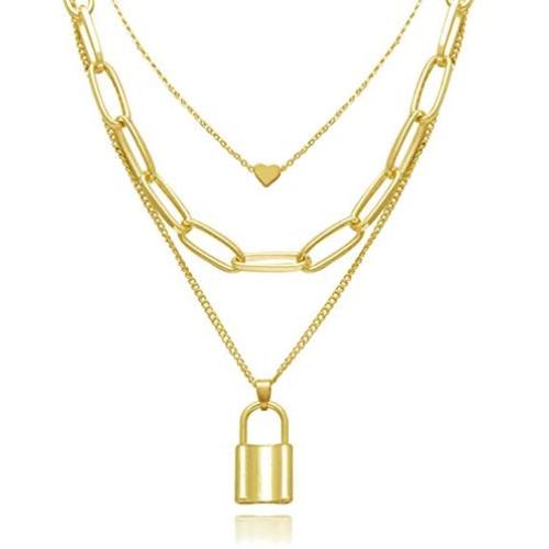 Dcfywl731 Punk Gold Layered Lock Necklace for Women 14K Gold Plated Paperclip Chain Link Necklace Padlock Pendent Necklace for Girls Punk Chunky Jewelry