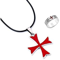 YouU 2 Pcs Masonic Knights Templar Crusader Red Cross Stainless Steel Pendant Necklace and Ring for Men