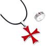 YouU 2 Pcs Masonic Knights Templar Crusader Red Cross Stainless Steel Pendant Necklace and Ring for Men