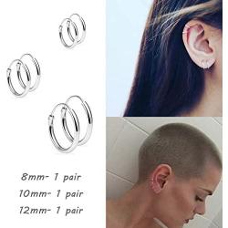 Silver Hoop Earrings- Cartilage Earring Endless Small Hoop Earrings Set for Women Men Girls,3 Pairs of Hypoallergenic 925 Sterling Silver Tragus Earrings Nose Lip Rings (8mm/10mm/12mm)