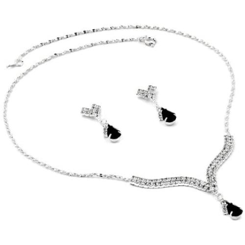 Topwholesalejewel Rhinestone Necklace with Jet Teardrop Center Matching Dangle Earrings Jewelry Set