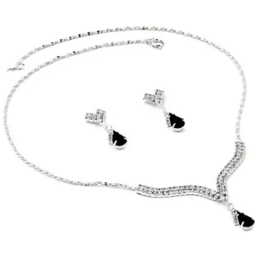 Topwholesalejewel Rhinestone Necklace with Jet Teardrop Center Matching Dangle Earrings Jewelry Set