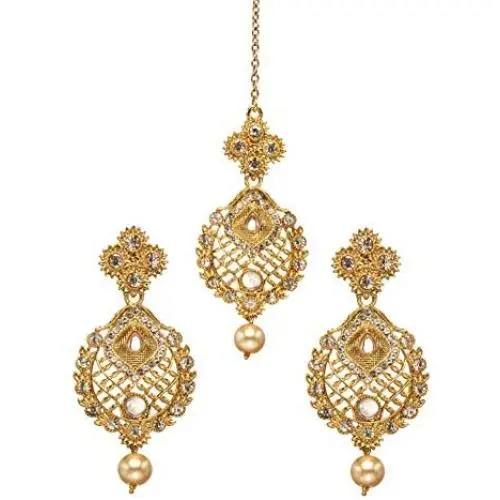 Bindhani Bollywood Hair Head Jewelry Wedding Maang Tikka Bridal Mang Tika Earrrings For Women